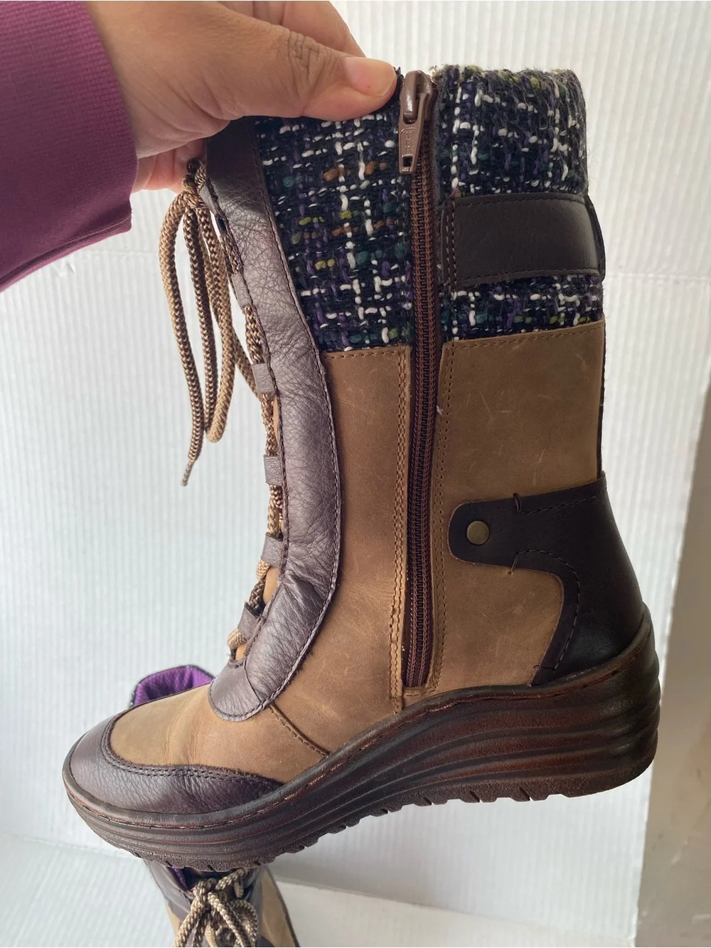 BIONICA Garland Brown Leather Purple Tweed Wedge Snow Boot 6.5 Gorpcore